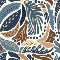 Obraz premium Seamless trendy natural floral pattern, abstract blue and brown leaves, shapes on a white background. Hand drawing. Design for textiles, wallpapers, printed products. Vector illustration