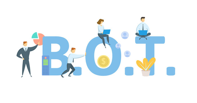 B.O.T. Build, Operate, Transfer. Concept with keyword, people and icons. Flat vector illustration. Isolated on white.