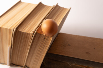 Egg Lying on Vintage Retro Books. Selective Focus. Concept Art Photo of Reading, Knowledge, Science and Education.