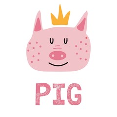  Children's hand-drawn illustration of a head of a pink pig. Cute pink pig with a crown on his head. Lettering. Illustration for postcards, posters, prints.