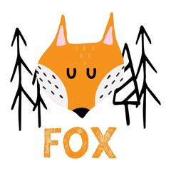 Hand-drawn children's illustration of a red fox. Cunning fox near the Christmas trees. Lettering. Illustration for postcards, prints.