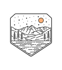 Colorado landscape with starry sky in mono line art, patch badge design, emblem design, T-Shirt Design