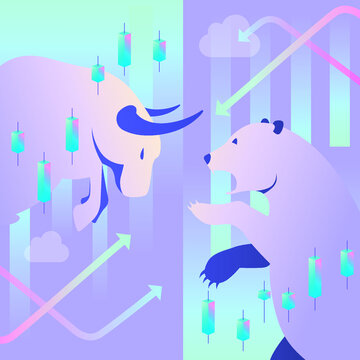Bull vs bear is a symbol of the stock market trend in the illustration on the background of candles and charts. Finance, income, exchange, money and deposits.