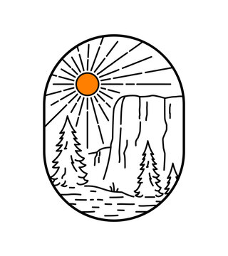 Landscape of El Capitan Yosemite National Park in mono line art, patch badge design, emblem design, T-Shirt Design