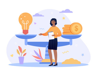 Investment and startup valuation concept. Business woman stands next to scale and learns cost of idea. Economic aspect of new business. Cartoon flat vector illustration isolated on white background