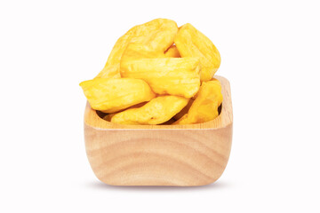 Dried jackfruit baked butter  . Close up of a pile of dried jackfruit in a wooden cup for a snack chips. isolated on white background. food preservation concept popular in Thailand.