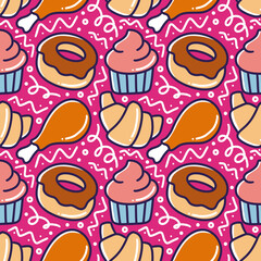 colorful seamless pattern doodles of delicious food