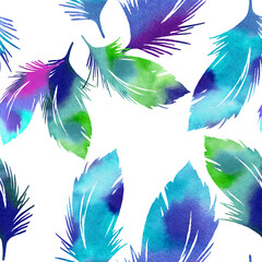 Boho seamless pattern with feathers watercolour. Hand drawn style. Plume background for paper, textile, wrapping and wallpaper.