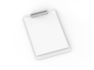 Clipboard with A4 paper mock up on isolated white background, 3d illustration