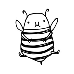 cute fat baby bee after dinner, funny character, vector illustration with black ink contour lines isolated on a white background in a doodle & hand drawn style
