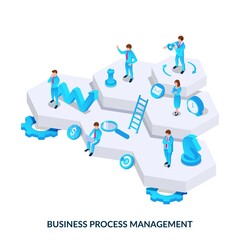 Business process management. Visualization of business processes and their hierarchy. Isometric vector illustration on white background.
