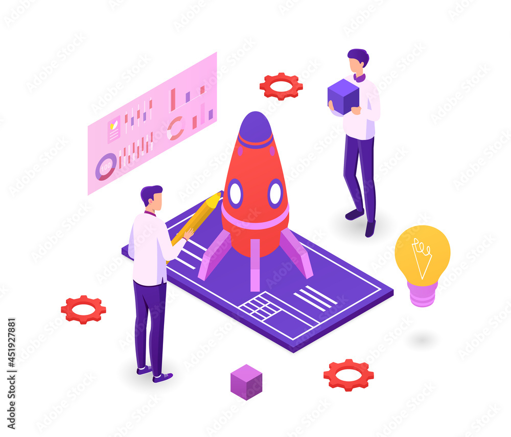 Poster startup project concept. team of people preparing spaceship for launch. metaphor for successful busi