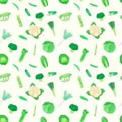 Seamless pattern with green vegetables. Cabbage, Cauliflower, leeks, broccoli, celery.
