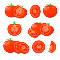 Fototapeta premium A set of ripe red tomatoes on a white background. Whole and sliced vegetable.