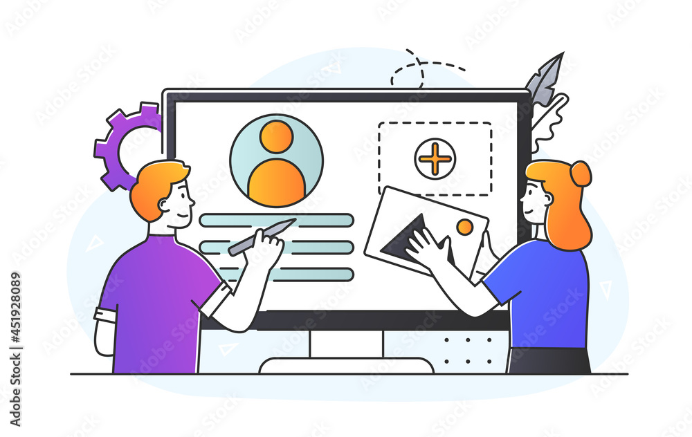 Poster ui ux development concept. professional designers create visual part of website or application. team