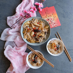 Abstaining from meat consumption on the first day of Chinese New Year believed to enhanced longevity. Buddha Delight Noodle. Fresh and dried ingredients including meat imitation, fermented bean curds.