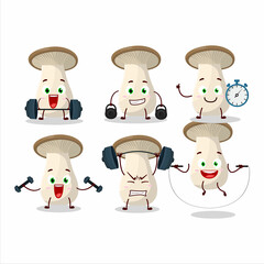 A healthy king trumpet cartoon style trying some tools on Fitness center