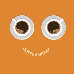 Creative poster with realistic two mug and espresso for cafe design. Coffee cups top view. Coffee break.  Vector illustration
