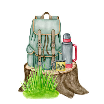 Watercolor Hand Drawn Tourist Illustration. Tree Stump, Grass Bush, Backpack, Thermos, Travel Mug. Isolated Clipart Element On White Background