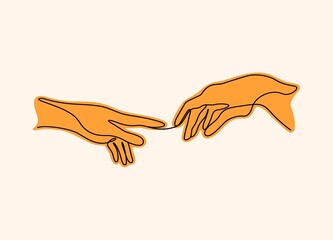 Two hands barely touching each other in one line. Simple sketch of two hands made of one line, love concept. Vector art illustration
