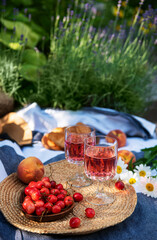 Set for picnic on blanket in lavender field