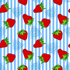 Strawberry seamless pattern on white and blue striped background. Red berry repeating endless texture. Yummy boundless background. Vegan food surface pattern design. Editable tile for kitchen textile.
