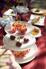 luxury wedding rom banquet sit down buffet party catering in pink purple rose color flower and black feather decoration with fusion halal menu at outdoor beautiful garden