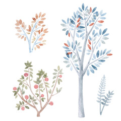 Beautiful stock illustration set with cute watercolor hand drawn trees.