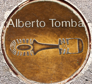 Alberto Tomba footprint. Metal plate with sport shoe footprint of legendary mountain skier in Barcelona, Spain 30 october 2014	