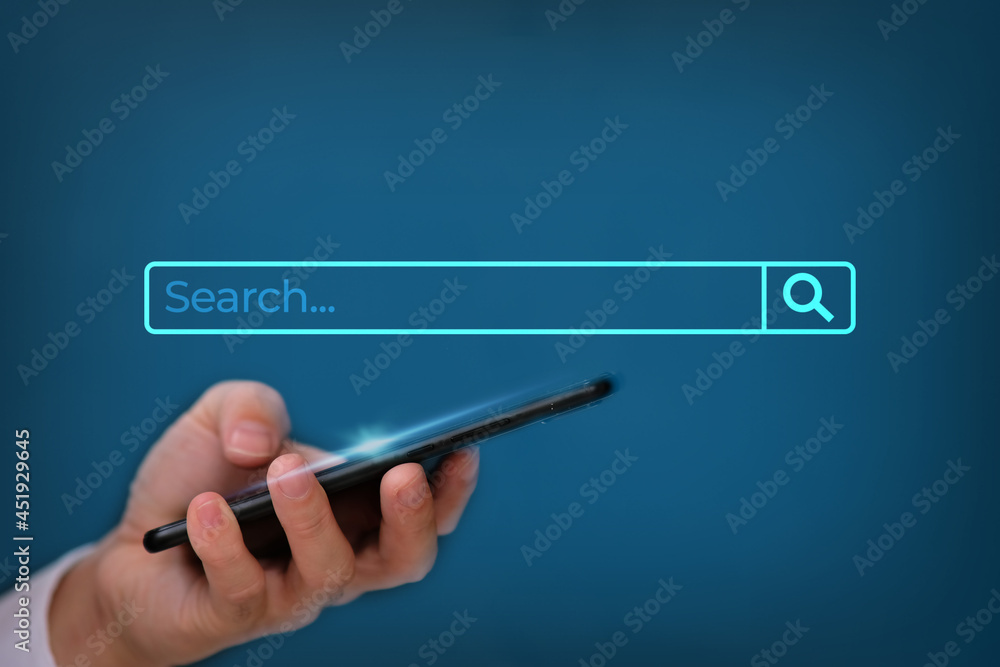 Poster businessman using smarthphone with searching browsing internet data information with search bar on b