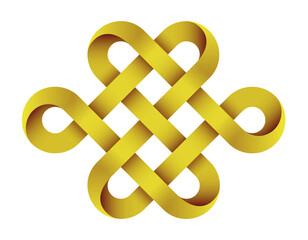 Endless knot made of intertwined gold mobius stripes. Traditional buddhist symbol.