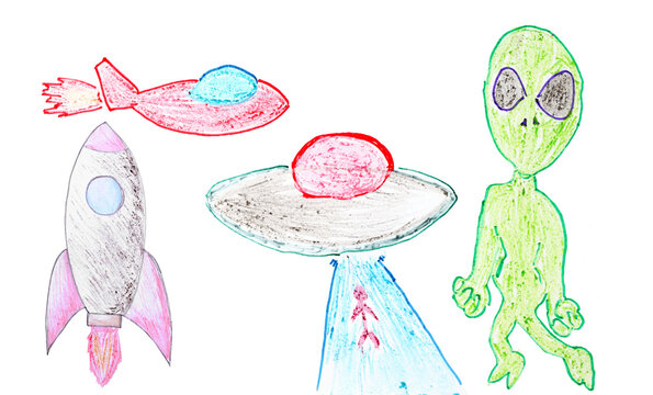 Set of alien story drawing with crayon on white paper