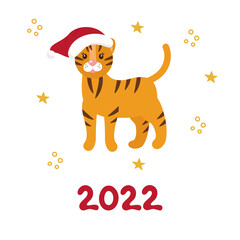 New Year's card with a tiger in a red cap, the symbol of 2022. Vector clipart, isolated illustration.