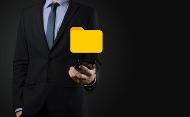 Businessman hold folder icon.Document Management System or DMS setup by IT consultant with modern...