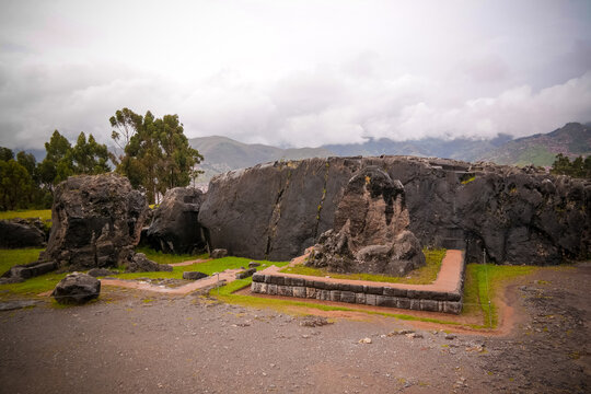 View to ruins of Qenqo or Kenko archaeological site at Cuzco, Peru