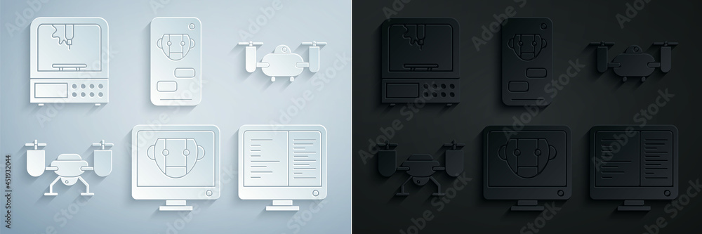 Poster set bot, drone flying with action camera, computer monitor screen, and 3d printer icon. vector
