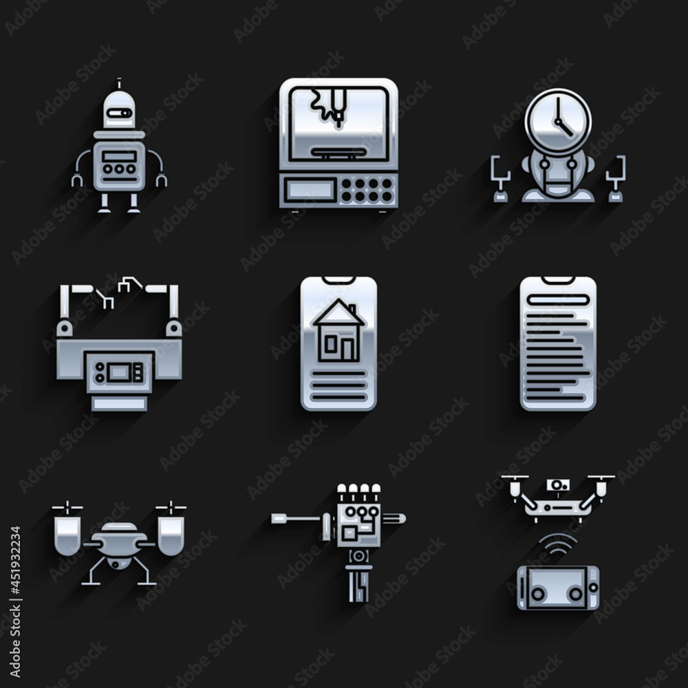 Poster set smart home, mechanical robot hand and screwdriver, remote aerial drone, computer api interface, 