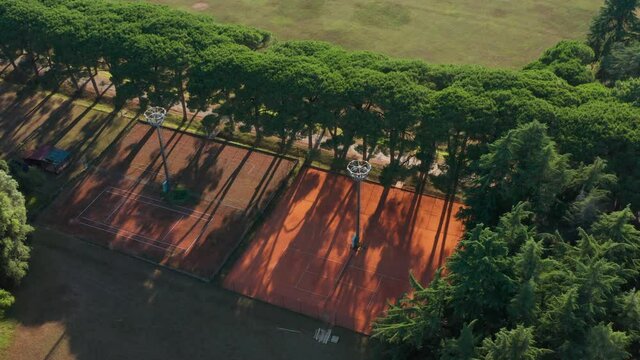 Aerial overhead view of tennis courts in a resort on the island of Brijuni.