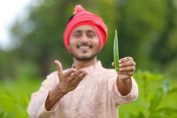 Indian farmer standing and holding ladyfinger in hand at agriculture field.