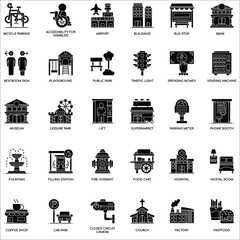 Black and white City Elements flat icons collection set