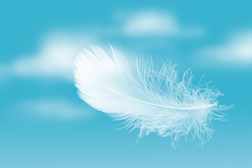 Lightly White Feather Floating in A Blue Sky with Clouds. Abstract Feather Flying in Heavenly Concept.
