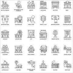Outline City Elements flat icons collection set