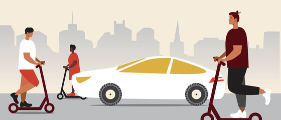 People on e-scooter in urban, flat vector stock illustration with car and young man and woman on e-scooter for movement