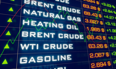 Commodity prices for oil and gas on a screen. WTI Crude, Brent oil and Natural Gas. 3D illustration.