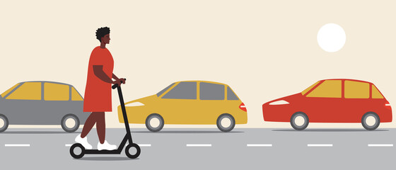 Traffic jam of cars and e-scooter, flat vector stock illustration with traffic jam of cars and afro woman on e-scooter