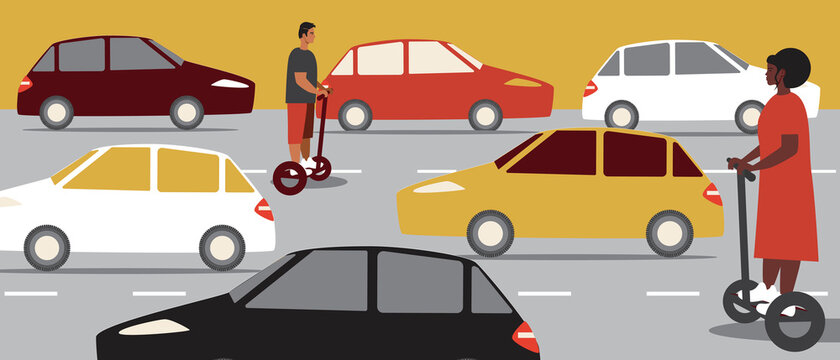 Traffic jam of cars and people on a gyro scooter, flat vector stock illustration with traffic jam and freedom of movement in a traffic jam