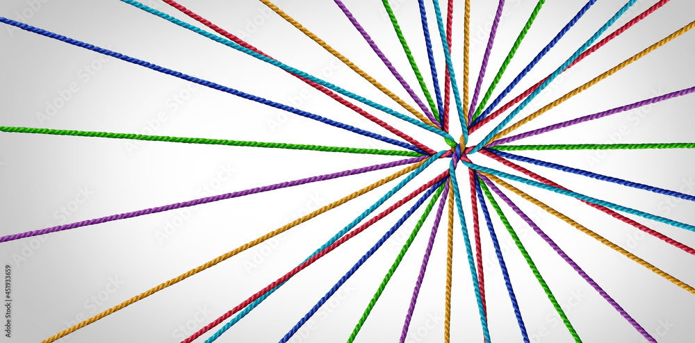 Poster Together unity concept and connecting as a teamwork idea and business metaphor for joining a partnership of diversity as diverse ropes connected together for a trust symbol for cooperation and working