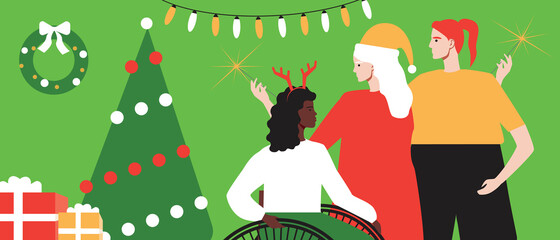 Inclusive christmas, disabled person with friends, flat vector stock illustration with christmas tree as decor and people with disabled at party