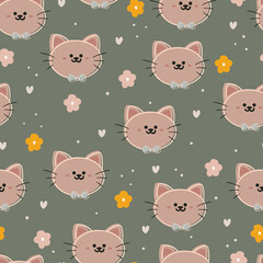 Seamless pattern with cute cartoon cat and flowers for fabric print, textile, gift wrapping paper. colorful vector for textile, flat style