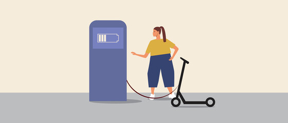 Electric scooter charging station, flat vector stock illustration with energy for electric scooter and parking and recharging